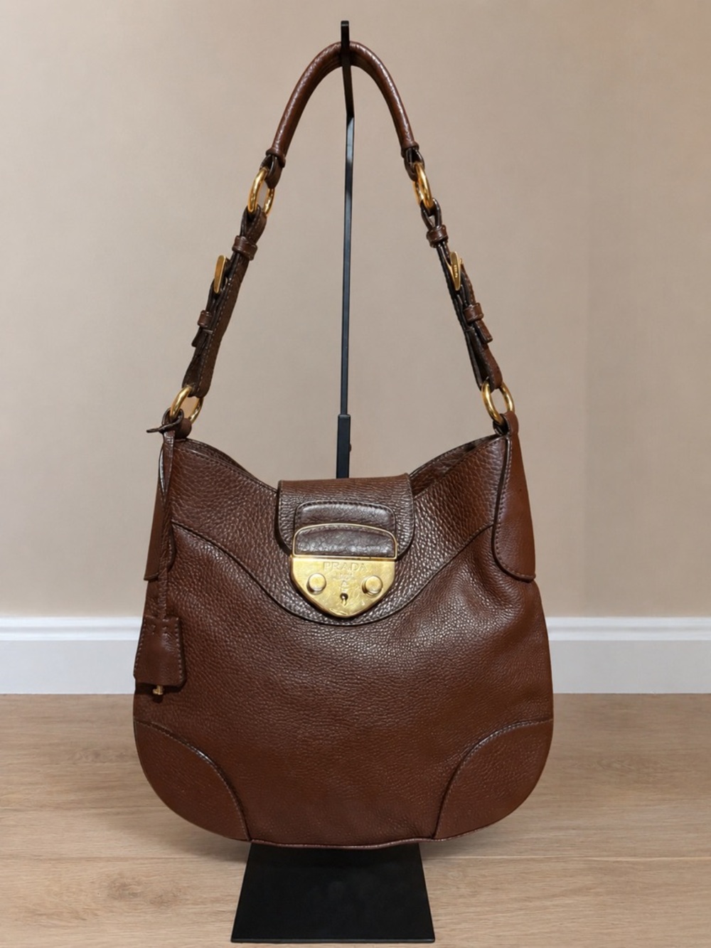 Prada Brown Pebbled Leather Shoulder Bag with Gold Hardware